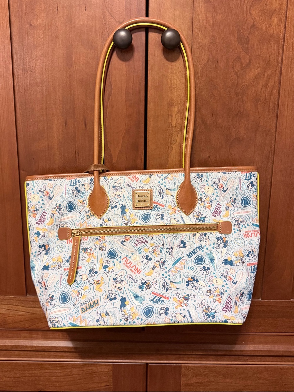 Disney Aulani Dooney & Bourke White Floral Graphic Tote with Tan Trim